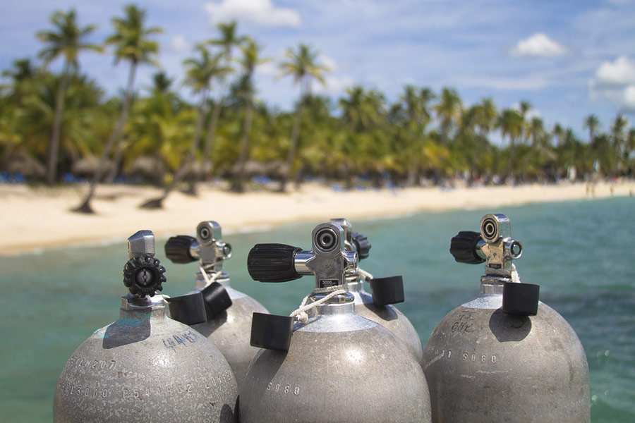scuba tanks with palm trees and water in the background