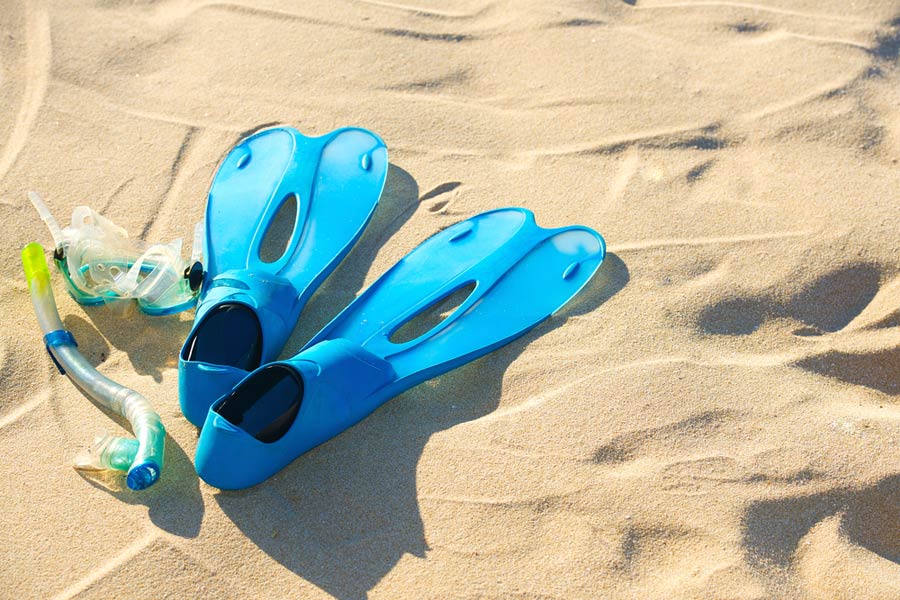 fins and snorkel on the sand