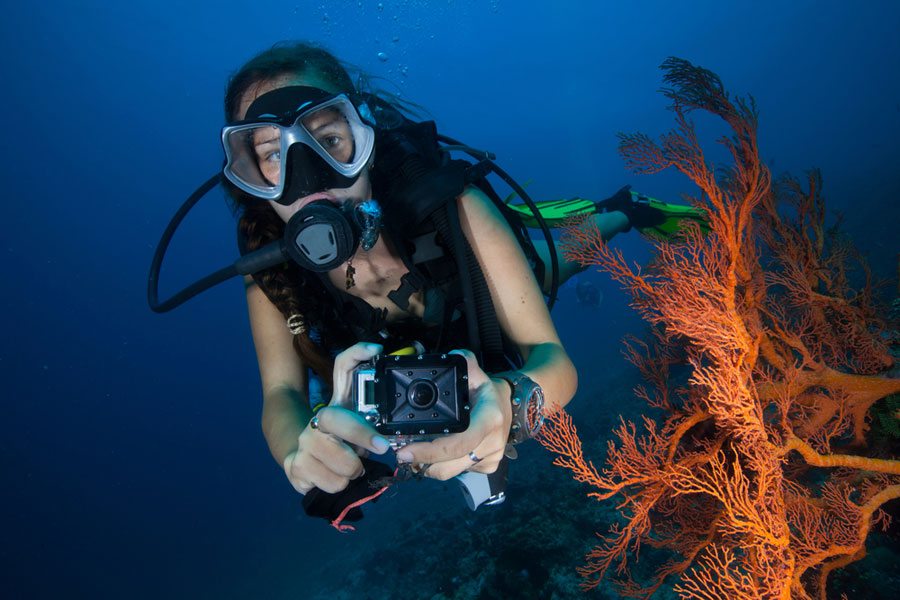 scuba diver holding an underwater camera