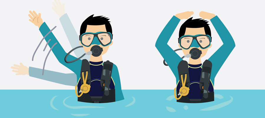 Emergency and OK scuba hand signals on the surface