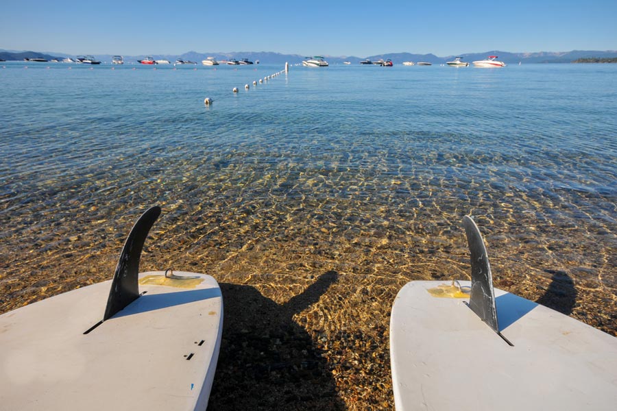 two finned paddle boards on the shore