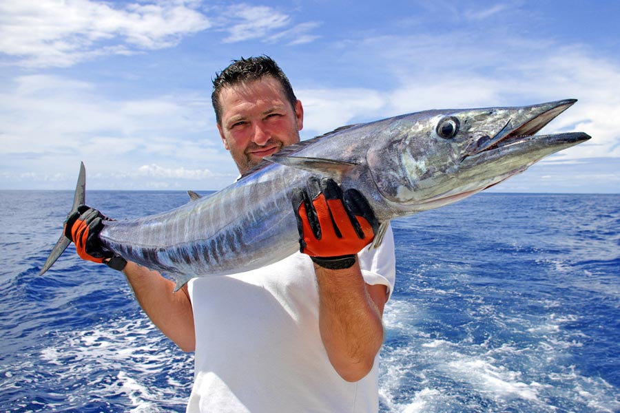 fisherman holding a caught wahoo