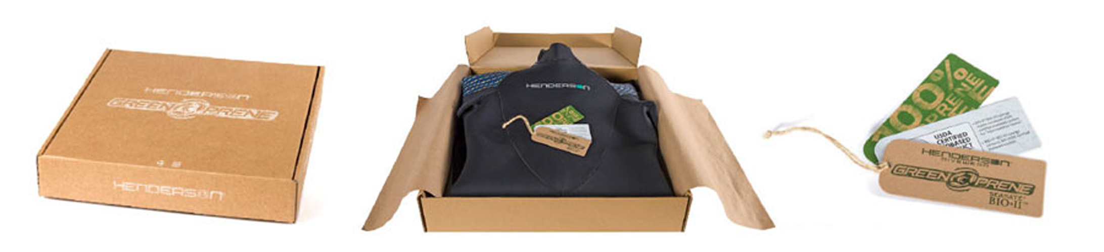 the Henderson Greenprene wetsuit packaging