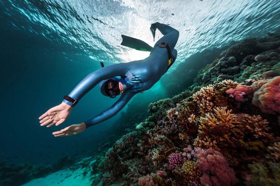 a freediver swimming over corals
